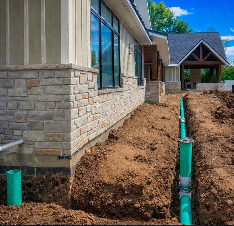 Drainage system installation at foundation Drainage system installation at foundation