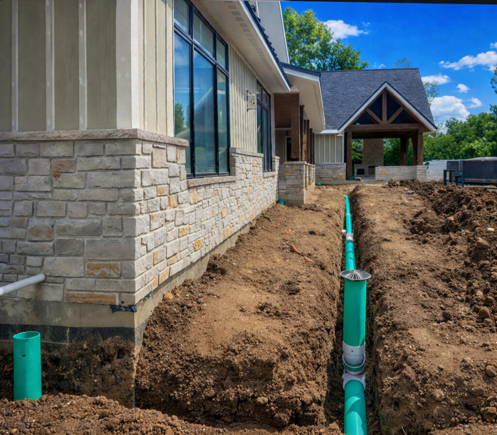 Drainage system installation at foundation